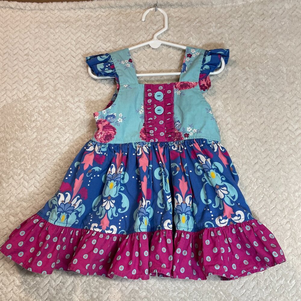 Eleanor Rose Blue Floral Ruffle Polka Dot Cotton Blend Dress Girls Size 4-5